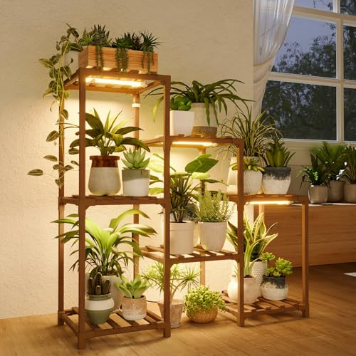 Bamworld Soporte para Plantas con Luz de Crecimiento - Estante Escalonado de Madera para Múltiples Plantas Interior/Exterior, 3 Neumáticos, 7 Escaleras, Mesa para Ventana, Jardín y Balcón