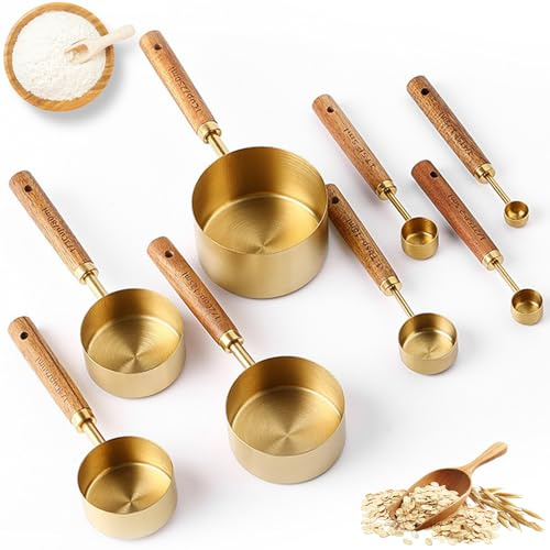 Ensemble 8 Pièces Cuillères et Tasses à Mesurer en Acier Inoxydable Doré avec Manche en Bois – Mesures Métriques et Américaines, Pour Ingrédients Secs et Liquides