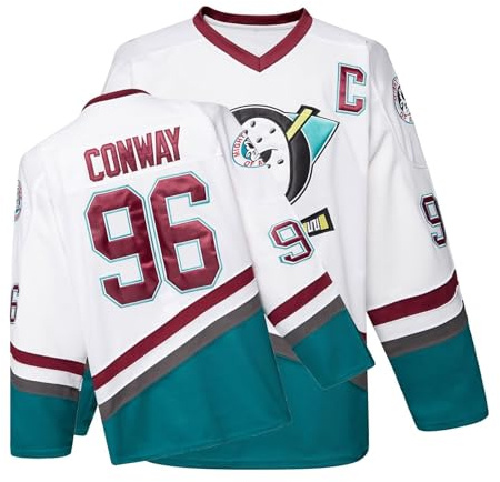 Mighty Ducks Jersey Movie Ice Hockey Jersey Charlie Conway #96 Adam Banks #99, 90S Hip Hop Clothing for Party(#96 White,S)