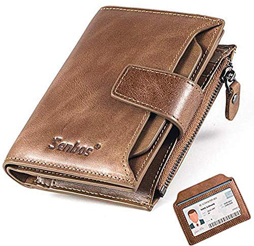 Senbos Herren-Geldbörse, RFID-Blockierung, Geldbörse aus Rindsleder, erste Schicht mit 18 Kreditkartenfächern, 2 Geldscheinfächern, 2 Ausweisfenstern und Geschenkbox, Hellbraun, 12.5x9.5x2.5 cm,