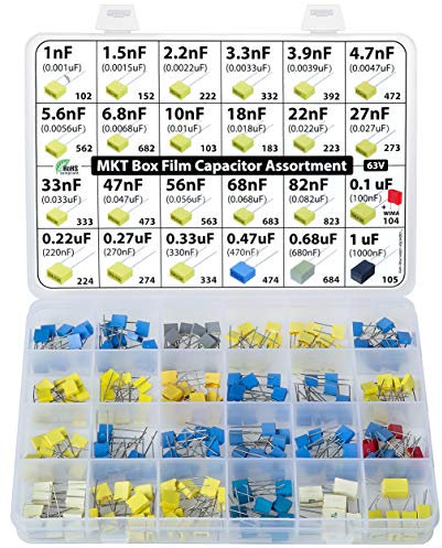 Lot de 235 condensateurs en polyester métallisé, 24 valeurs, 63 V, 1 nF à 1 uF