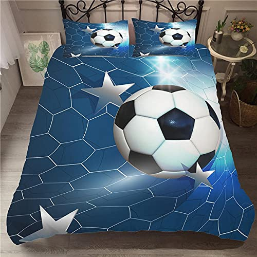 ZMDQD Parure De Lit 140x200 Ballon de Foot Bleu Sets de Housse Couette Respirant, Fin et léger Imprimé Microfibre Brossée avec 2 Taies d'oreiller 65x65cm