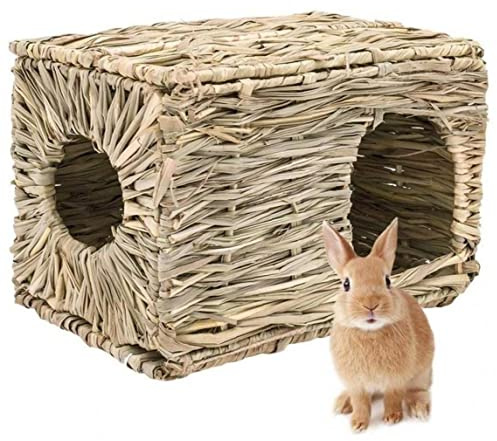 Folding Grass House for Rabbits, Guinea Pigs, Bunnies, Hand Woven Hay Hut Foldable Small Animal Play Hideaway Bed