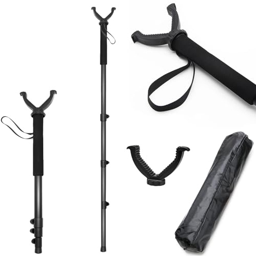 Multipurpose Telescopic Hunting/Shooting Air Rifle Monopod Walking Stick with Adjustable Height + Integrated DSLR Camera Holder - Black
