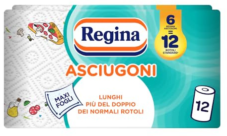 Regina Asciugoni, 12 Rotoli di Carta Cucina, Rotoli a 2 Veli, 100 Maxi Fogli per Rotolo, Confezione 60% in Plastica Riciclata, Carta 100% Certificata FSC