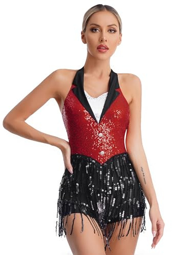 Alvivi Damen Latein Tanzkleid Pailletten Kleid Glitzer Body Overall mit Fransen Ballettkleid Show Performance Ballsaal Jazz Tanzkleidung Rot M