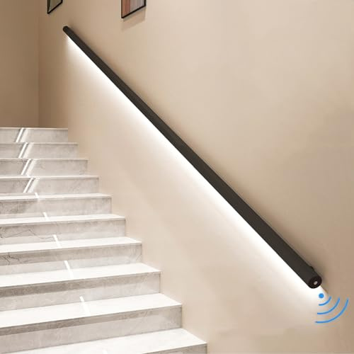 Yclty Pasamanos para escaleras con sensor de movimiento LED, pasamanos de pared para peldaños interiores, barandilla para escaleras con luz LED, negro (tamaño: Right-59 (150 cm))