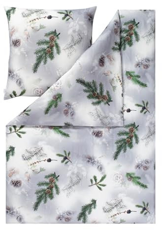 ESTELLA Kuschelflanell Bettwäsche Pine Twigs Silber 1 Bettbezug 135 x 200 cm + 1 Kissenbezug 80 x 80 cm