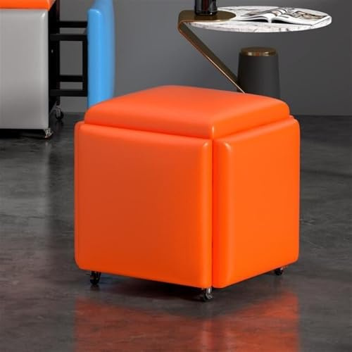 Sofa Chair Stool，Movable Footstool, Versatile Cube Ottoman, 5-in-1 Ottoman with Swivel Casters, 5 in 1 PU Leather Seating Cube, Dressing Chair for Living Room Bedroom(Orange,13.8*13.8*13.8in)