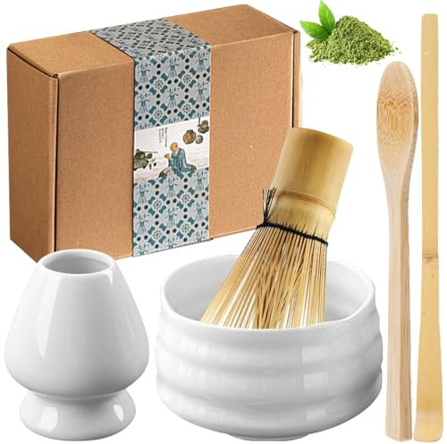 GAOUTO Lot de 5 sets à thé matcha avec fouet à matcha, bol à matcha en céramique, fouet en bambou, porte-balai en céramique, matcha fait à la main, accessoires pour matcha (Blanc)