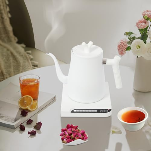 1L Elektrischer Wasserkocher, 1000W Teekocher Elektrisch, 7 Einstellbare Wassertemperaturstufen Schwanenhals für Coffee Tea Brewing (Weiß)