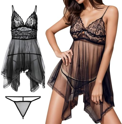 AKJAXQU Lingerie per Donna, Intimo Donna, Babydoll Camicia da Notte in Pizzo Biancheria Intima Scollo a V Sleepwear Body Pigiama