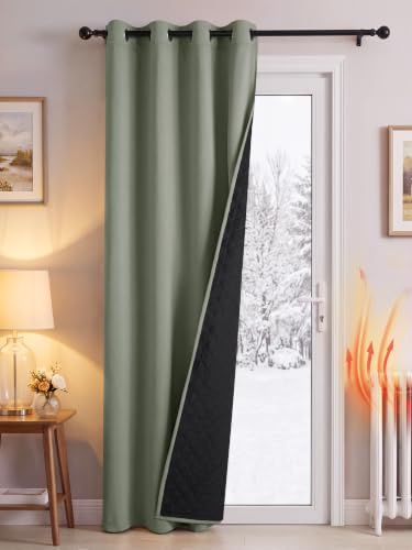 PONY DANCE Thermal Door Curtain with Quilted Lining, Sage Green, 55x90 | 100% Blackout Heavy Eyelet Curtain for Winter, Double Layer Drape for Living Room & Bedroom, Energy Saving & Privacy, 1 Panel