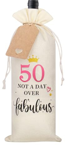 50th Birthday Gifts for Women, Decorative 50th Birthday Wine Bottle Bag with Tag and Drawstring
