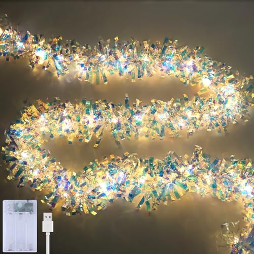 LAWOHO 16.5FT/5M Christmas Tinsel Garland with Lights, Shiny Iridescent Foil Garland for Valentines Day, Christmas Tree, Wedding Birthday Party, New Year Holiday, Indoor Outdoor Hanging Home Decor