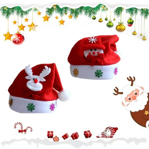 Rakiuty Bonnet pere Noel, Chapeau de Noel Enfant, Bouchons de Noël, Chapeau de Père Noël, pour Fête de Vacances, Rouge en Peluche Ornements, 2 Pièces