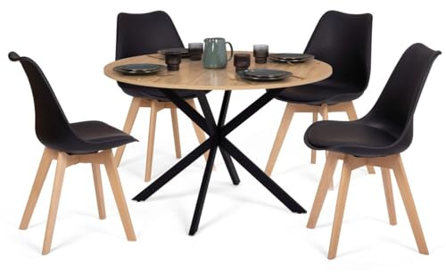 IDMarket - Ensemble Table à Manger Ronde Alix 110 cm et 4 chaises SARA | Table bois et noir, chaises noires, 4 personnes
