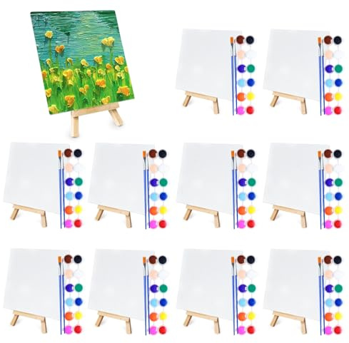 10 Pack Mini Acrylic Paint Kit,6 in Canvas Boards for Painting with 6.5 Easel, Acrylic Paint Strips, Painting Brushes, Mini Canvas Easel Set for Artists Beginner