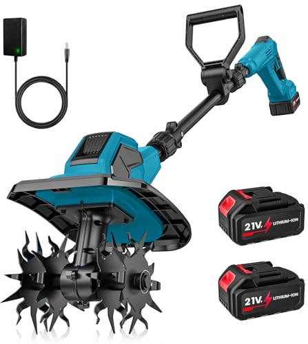Motoazada Electrica de 21V, motocultor Baterías inalámbrico 600 W con 2 x 4,0 Ah Baterías, Ancho de Trabajo 17 cm, Profundidad de Trabajo 24 cm, 360 TR/Min, Motorista eléctrica para jardín y Patio
