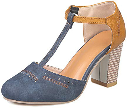Onsoyours Sandales Femme Cuir Bout Rond Talon Carré Fermé Toe Boucle Respirant Doux Plage Sandales Escarpin Romain Chaussure Bleu 39 EU