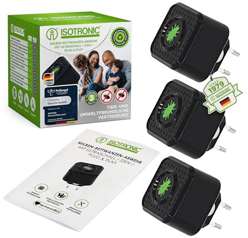 ISOTRONIC Milbenschutz Insektenschutz Ultraschall 3 Stück 230V Milbenabwehr | Effektive Abwehr gegen Bettwanzen und Milben | Ideal für Allergiker und Kinderzimmer