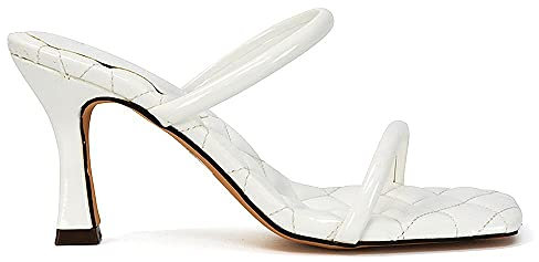 ESSEX GLAM Womens Mid High Heel Sandals Ladies Quilted Patent Slip On Square Toe Stiletto Party Shoes Size 3-8