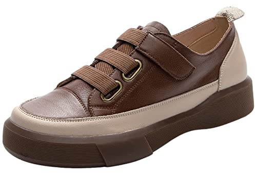 Jamron kvinnors retro stil äkta läder lågtopp sneakers mjuk sula loafers skor med krok och ögla stängning, Brun, 37.5 EU