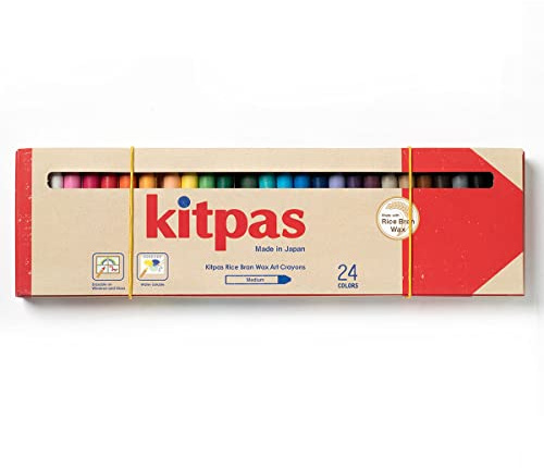 Kitpas Cera de salvado de arroz, 24 colores para niños a partir de 3 años, arte de ventana, borrable, soluble en agua, edición en inglés