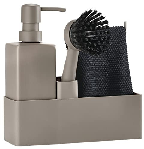Zone Denmark Geschirrspülset, Spülorganizer mit Seifenspender/Spülmittelspender, Spültuch und Spülbürste, 19 x 6 x 20,5 cm, Set mit 4 Teilen, Taupe