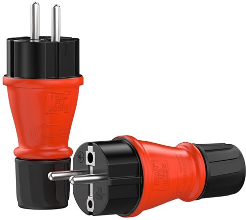 RedStar24 - Prise Mâle 220V IP54 | Fiche de Protection Robuste en Caoutchouc & Plastique, Noir Rouge | Parfait pour l’Extérieur | Prise Électrique à 3 Broches | Set de 2 Fiches Mâles Schuko