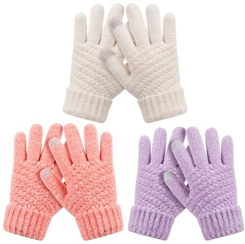 HAITHO Kinder Winter Handschuhe 3 Paar, Chenille Stricken Mit Fleece Gefüttert, Touchscreen Für Teenager, Mädchen Und Jungen 9-15 Jahre