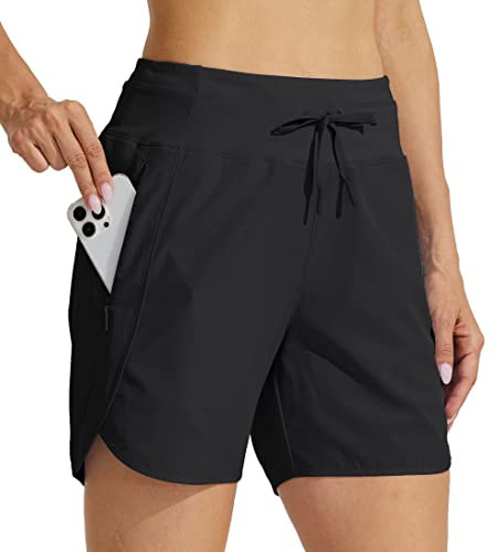 WILLIT Damen Shorts Sporthose Kurz Laufhose Sommer Laufshorts Wanderhose Schnelltrockene High Waisted Fitness Sport Running Reißverschlusstasche 5 Schwarz S