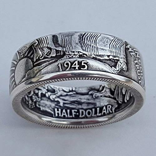 Silver Morgan Dollar Coin Ring 1945 Morgan Dollar Ring - Morgan Silver Dollar Coin Design Ring - Coin Ring Men National Emblem Engraved Signet Rings for Men Women One Dollar Coin Rings Size 13