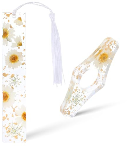 Gjinxi Lot de 2 supports de page de livre, fleurs séchées en résine avec pompon, accessoires de livre pour les amateurs de lecture, cadeau pour les vers de bibliothèque, lecteurs, littéraire