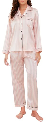 Reliwel satinpyjamas, dam, långärmad pyjamas-set med knappslå V-ringad, tvådelat nattkläder, mjuk sidenpyjamas, klassisk vardagskläder, hemmadräkt Pjs