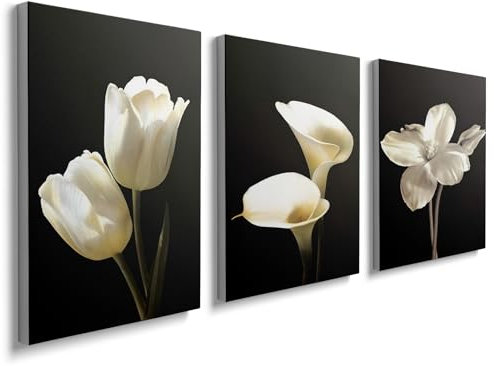 3 Panels Wooden Framed Black White Flowers Canvas Wall Art Painting Prints Pictures for Living Room Bedroom Home Wall Decoration 90x40cm (12x16x3pcs) YH1608