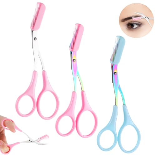 Nogeqi 3 Stück Augenbrauen Schere Damen, Augenbrauenschere mit Kamm, Wimpernkamm, Augenbrauen Trimmer Damen, Eyebrow Brow Schere Trimming Rutschfeste für Männer Frauen (Rosa Blau)
