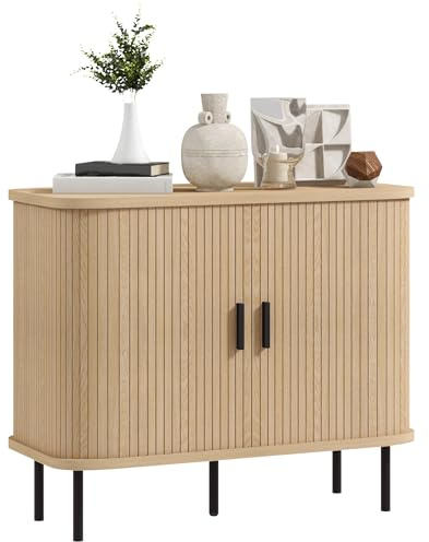 HOMCOM Aparador Vintage para Salón y Cocina con 2 Puertas Correderas de Tambor y Compartimientos 90x40x75 cm Roble