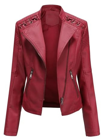 Chaqueta de piel sintética para mujer, con cremallera y cuello de solapa, chaqueta de motociclista con costuras, rosso, XXL