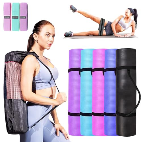 Kingdom Fitness Yoga Mat Exercise Extra Thick NBR Non-Slip Large Padded Pilates Gym Mats, Mens Womens Workout with Carry Bag, Strap & Resistance Band, Purple 20mm