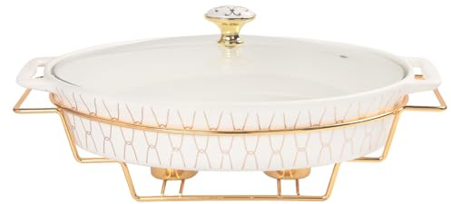 jinsongdafa Cacerola ovalada de porcelana con tapa de cristal y rejilla, 1600 ml, sopera para servir, plato chafing dish para buffet, cazuela para guardar alimentos