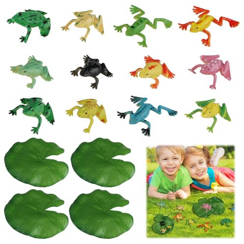 teasteam 12Pcs Plastic Frog with 4PCS Artificial Lily Pads Mini Colorful Frog Figures Realistic Frogs Toy for Science Project Kids Playing Educational Toys Crafts Decoration