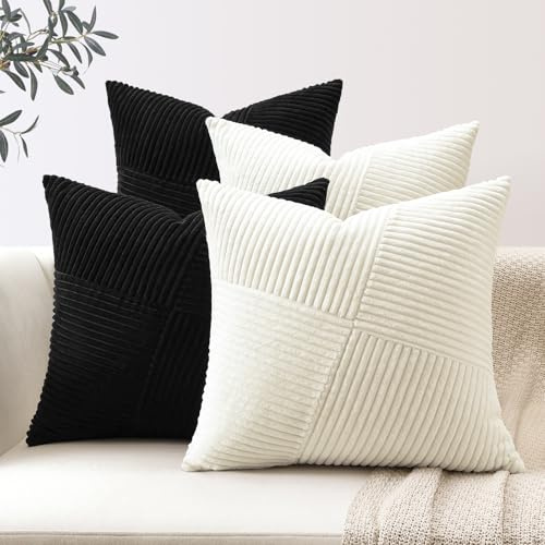Sungeek Lot de 4 Housse de Coussin en Velours Côtelé, Housse Coussins Patchwork à Rayures Pinwheel Doux Taies d'oreiller Décoratives pour Lit Canapé Chambre Salon 45x45 cm, Noir Blanc Crème