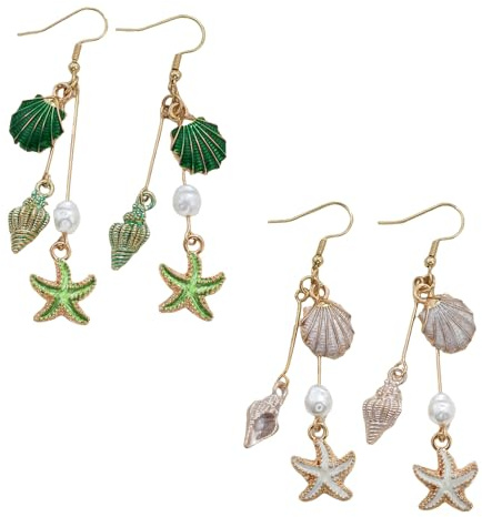 XFSRG 2 Pièces Boucles D'oreilles Femme Pendante Bohème Coquillage Étoile de mer Perles Boucle D'oreille Pour la Plage D'été(Vert et Blanc)