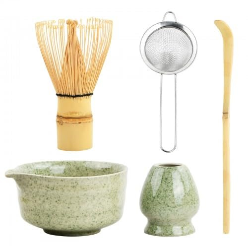 Mapille 5 in 1 Set Accessori per Matcha Cerimonia Tè Giapponese con Ciotola Matcha, Frusta Matcha in Bambù Naturale, Paletta Bambù, Porta Frullino per Tè Cerimonia (Verde Intenso)