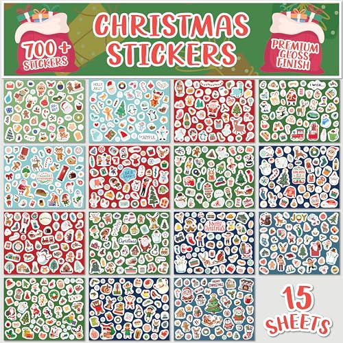 Christmas Stickers – Over 700 Premium Gloss Paper Stickers for Children – Festive Xmas Decorations for Crafts, Scrapbooks, Card Making, Party Bags & Stocking Fillers – Santa, Reindeer, Snow