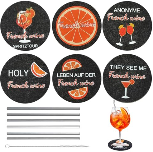 6 Pièces Dessous de Verre Ronds en Feutre avec Pailles en Acier Inoxydable et Brosse de Nettoyage, avec Motif Orange, Décoration de Table à Vin pour Bars, Restaurants et Cafés