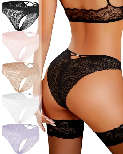 ALL OF ME Pack de 5 Braguitas para Mujer Braguitas brasileñas de Encaje Ropa Interior Femenina X-Back Sexy Hipster Underwear Women Lace Lencería Braguitas sin Costuras