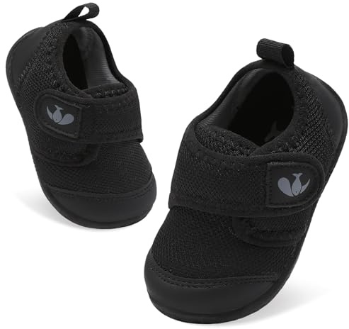 JOINFREE Baby Shoes Wide Fit Infant Boys Girls Breathable Barefoot Walking Shoes Lightweight Non-Slip Sneakers First Walkers Black 12-18Months