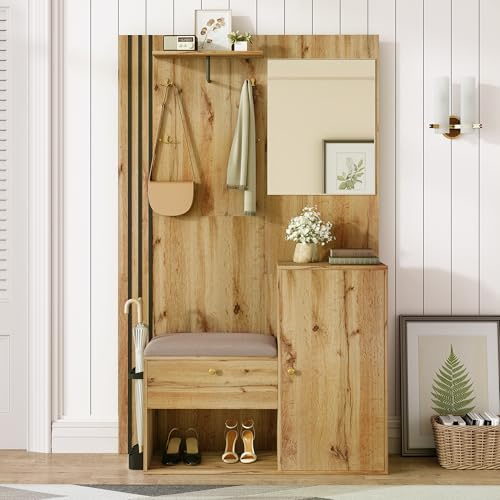 Merax Ensemble de vestiaire 115 x 185 x 37 cm, vestiaire compact avec miroir et coussin de siège, vestiaire de couloir avec placard à chaussures et étagère, moulures décoratives noires